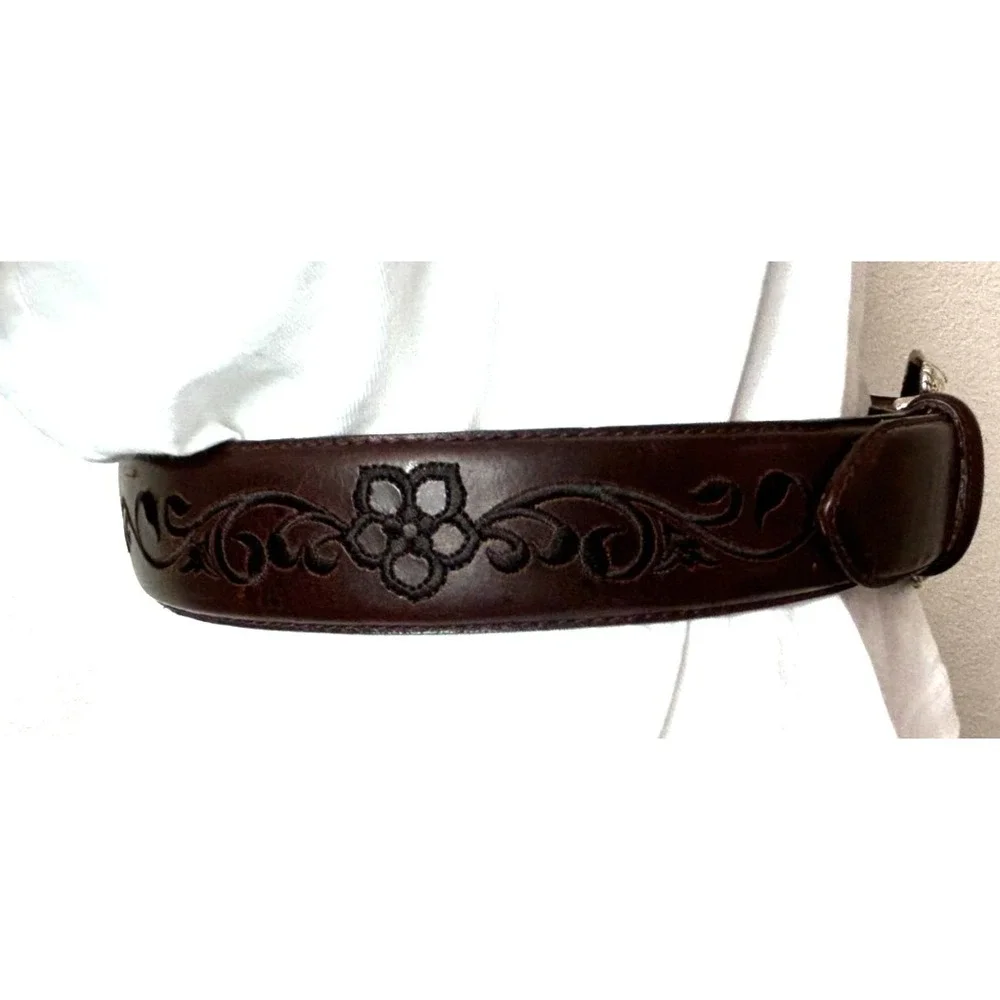 Brighton Americana Embroidered Leather Belt 28 Silver Tone Large Etch Buckle EUC